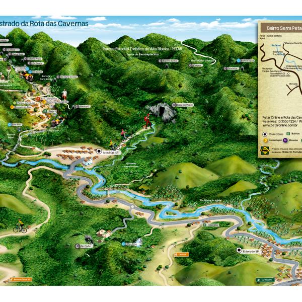 Mapa Ilustrado da região do Petar - Eldorado, Apiaí e Iporanga. E Caverna do Diabo. 